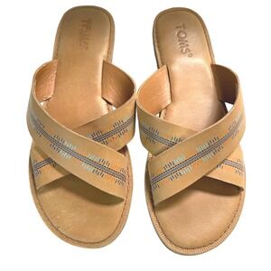 TOMS Viv Sandals Womens 8‎ Tan Leather Crisscross Embroidered Slides 10011782